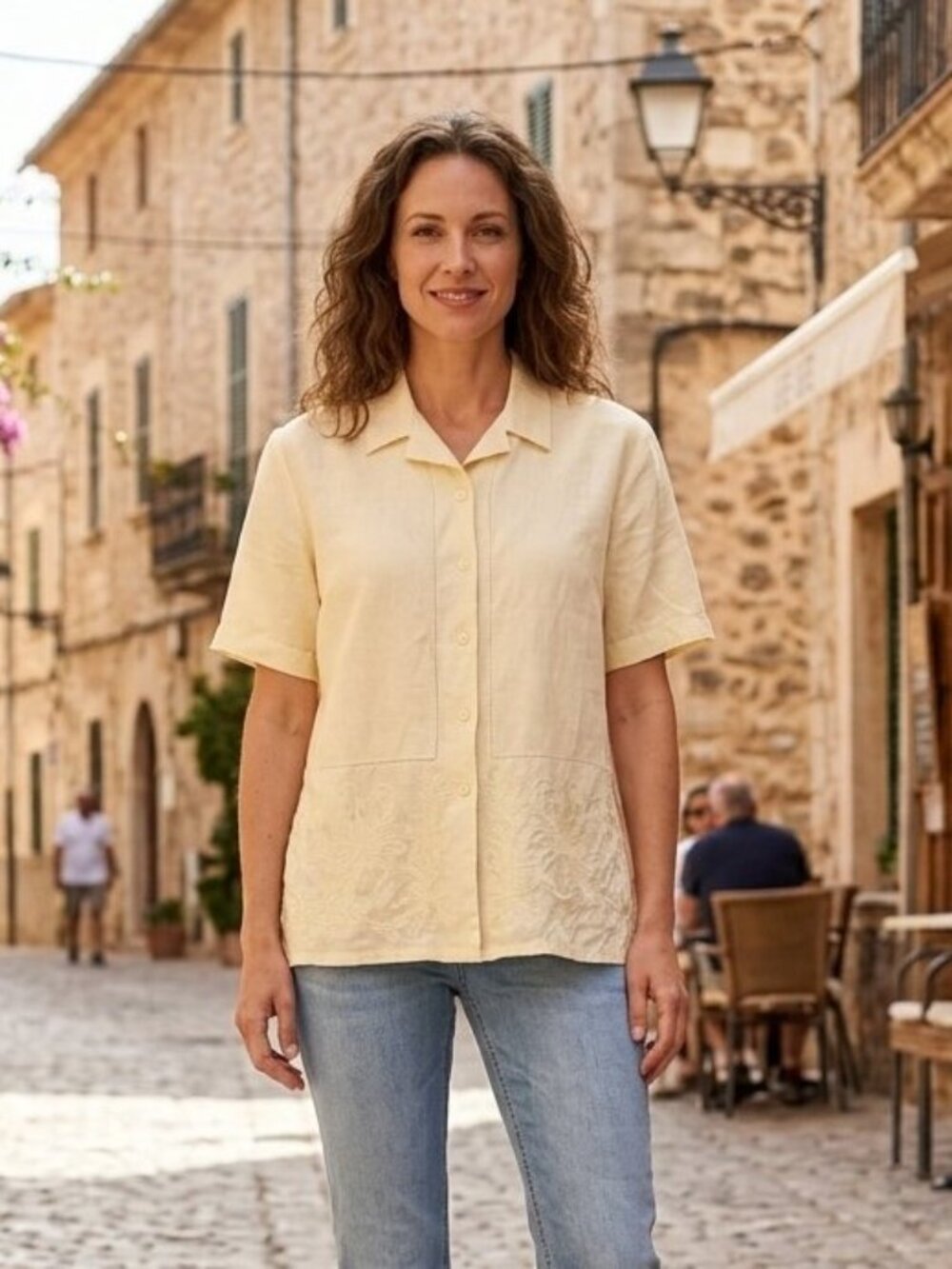 Vintage Sz L JSong Collection Butter Yellow 100% Linen Embroidered Blouse Tunic